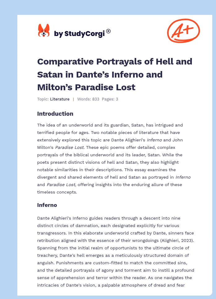 Comparative Portrayals of Hell and Satan in Dante’s Inferno and Milton’s Paradise Lost. Page 1