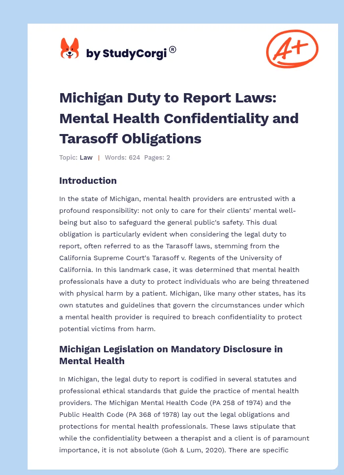 Michigan Duty to Report Laws: Mental Health Confidentiality and Tarasoff Obligations. Page 1