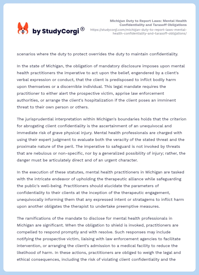 Michigan Duty to Report Laws: Mental Health Confidentiality and Tarasoff Obligations. Page 2