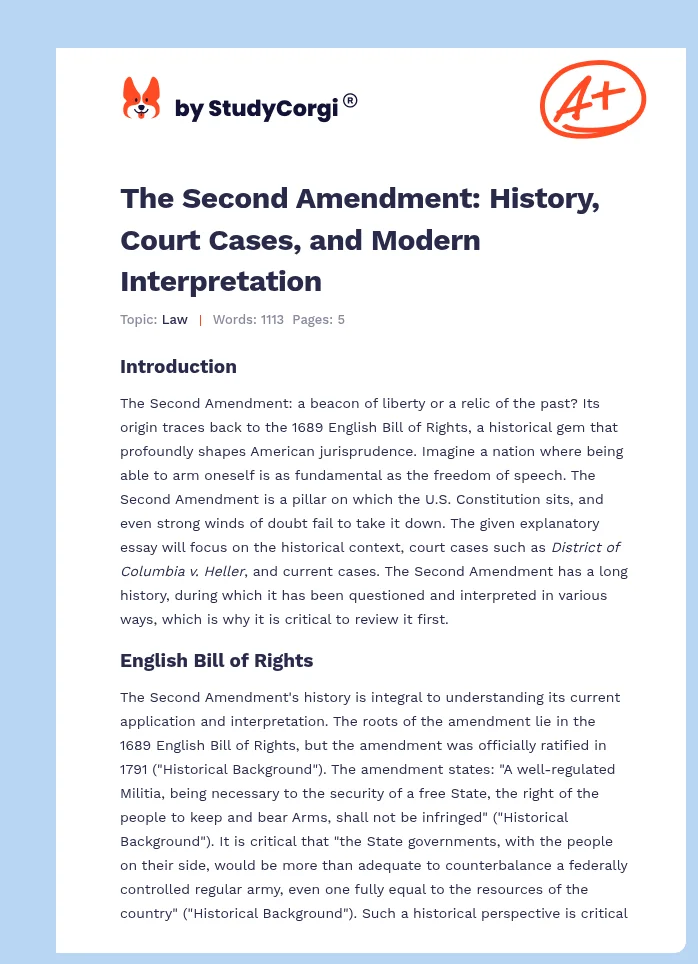 The Second Amendment: History, Court Cases, and Modern Interpretation. Page 1