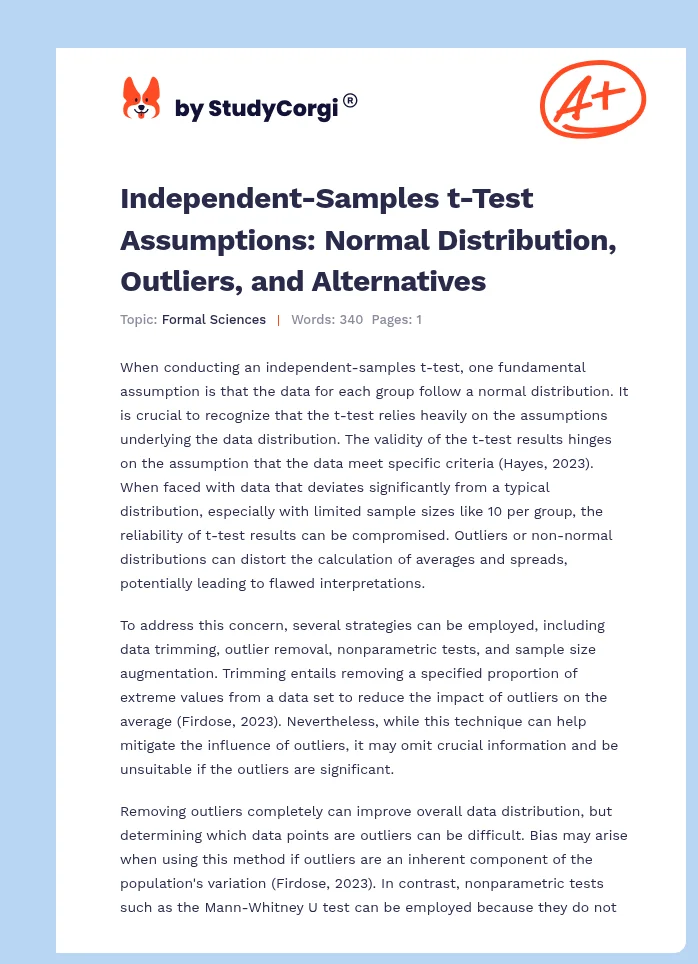 Independent-Samples t-Test Assumptions: Normal Distribution, Outliers, and Alternatives. Page 1