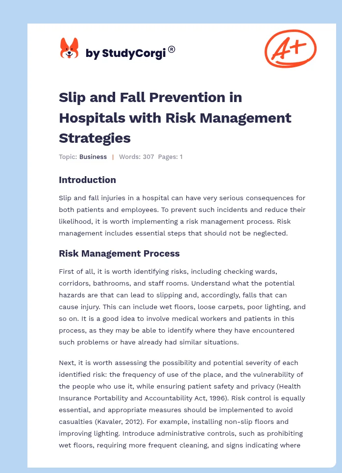Slip and Fall Prevention in Hospitals with Risk Management Strategies. Page 1