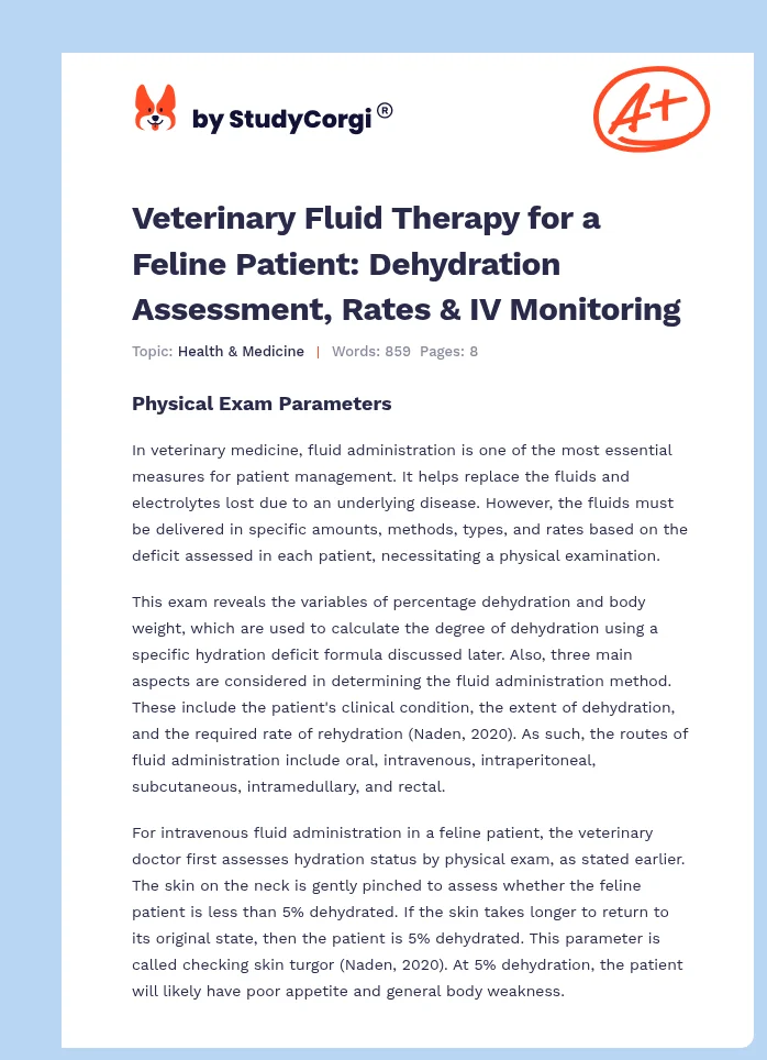 Veterinary Fluid Therapy for a Feline Patient: Dehydration Assessment, Rates & IV Monitoring. Page 1