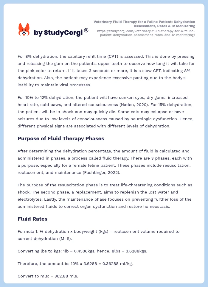 Veterinary Fluid Therapy for a Feline Patient: Dehydration Assessment, Rates & IV Monitoring. Page 2