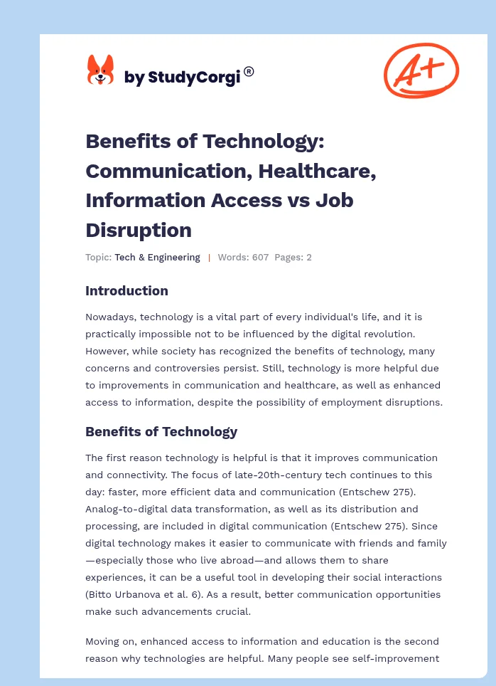 Benefits of Technology: Communication, Healthcare, Information Access vs Job Disruption. Page 1