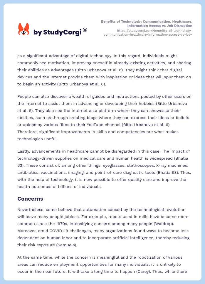 Benefits of Technology: Communication, Healthcare, Information Access vs Job Disruption. Page 2