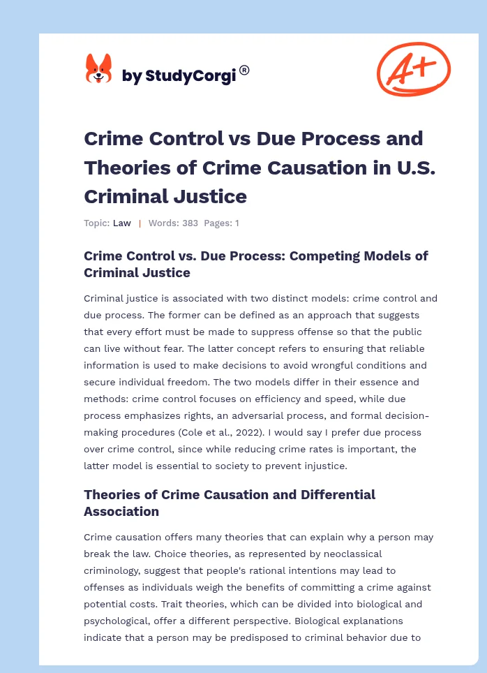 Crime Control vs Due Process and Theories of Crime Causation in U.S. Criminal Justice. Page 1