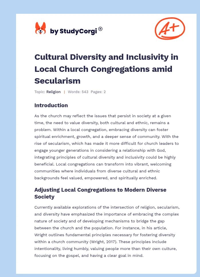Cultural Diversity and Inclusivity in Local Church Congregations amid Secularism. Page 1