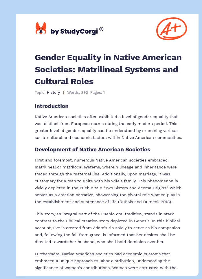 Gender Equality in Native American Societies: Matrilineal Systems and Cultural Roles. Page 1