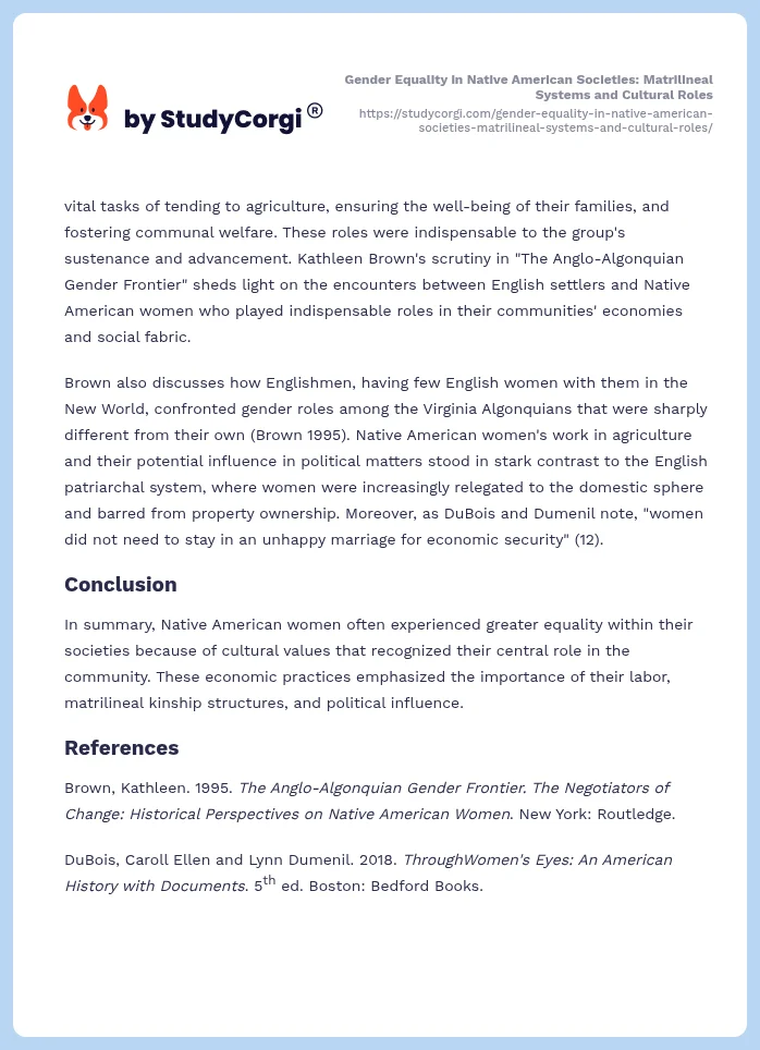 Gender Equality in Native American Societies: Matrilineal Systems and Cultural Roles. Page 2