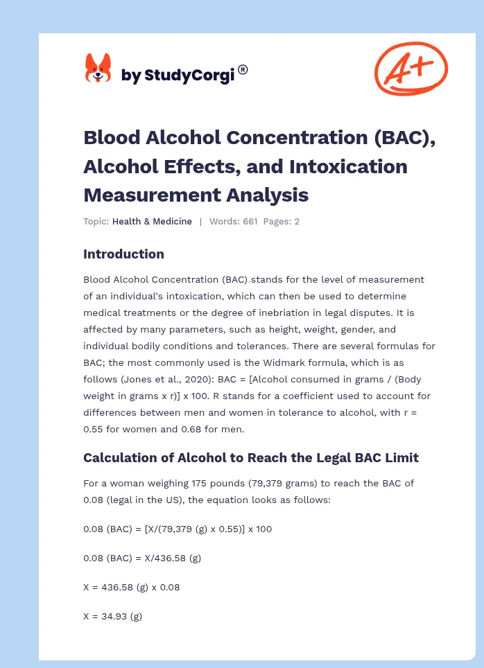Blood Alcohol Concentration (BAC), Alcohol Effects, and Intoxication Measurement Analysis. Page 1