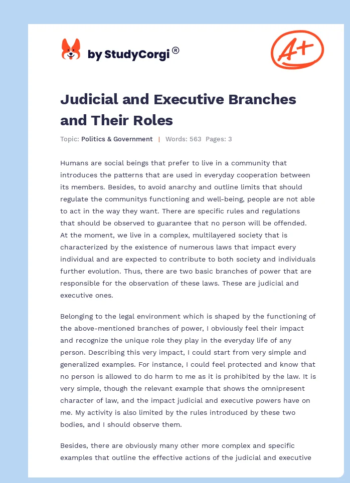 Judicial and Executive Branches and Their Roles. Page 1