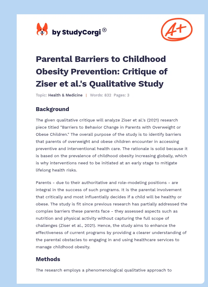 Parental Barriers to Childhood Obesity Prevention: Critique of Ziser et al.'s Qualitative Study. Page 1