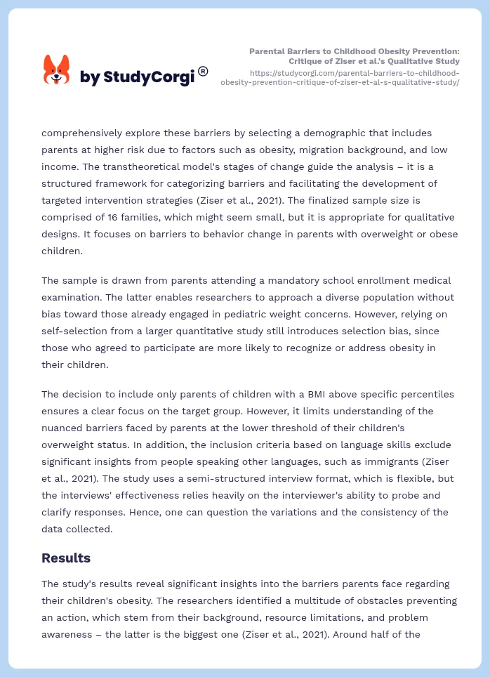 Parental Barriers to Childhood Obesity Prevention: Critique of Ziser et al.'s Qualitative Study. Page 2
