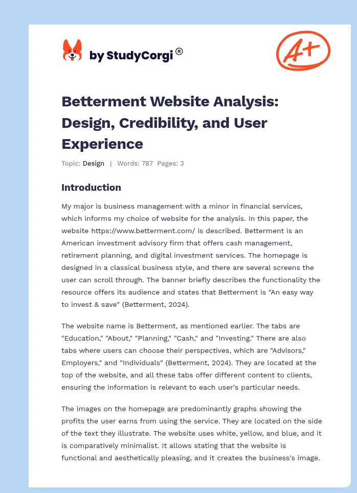 Betterment Website Analysis: Design, Credibility, and User Experience. Page 1
