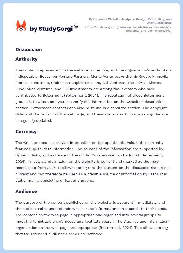 Betterment Website Analysis: Design, Credibility, and User Experience. Page 2