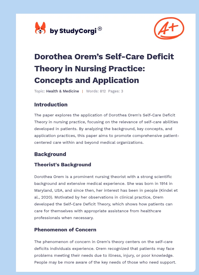 Dorothea Orem’s Self-Care Deficit Theory in Nursing Practice: Concepts and Application. Page 1