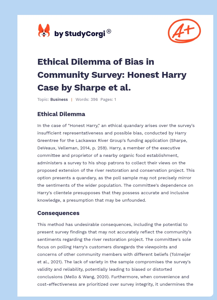 Ethical Dilemma of Bias in Community Survey: Honest Harry Case by Sharpe et al.. Page 1