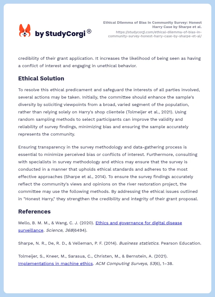 Ethical Dilemma of Bias in Community Survey: Honest Harry Case by Sharpe et al.. Page 2