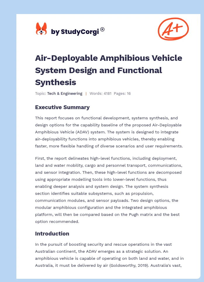 Air-Deployable Amphibious Vehicle System Design and Functional Synthesis. Page 1