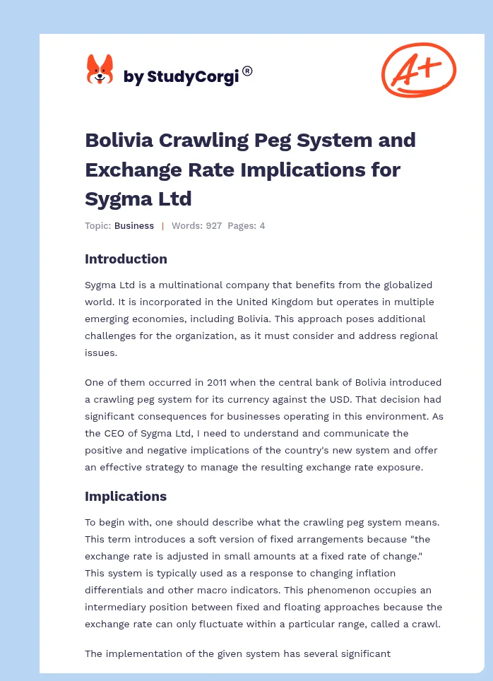 Bolivia Crawling Peg System and Exchange Rate Implications for Sygma Ltd. Page 1