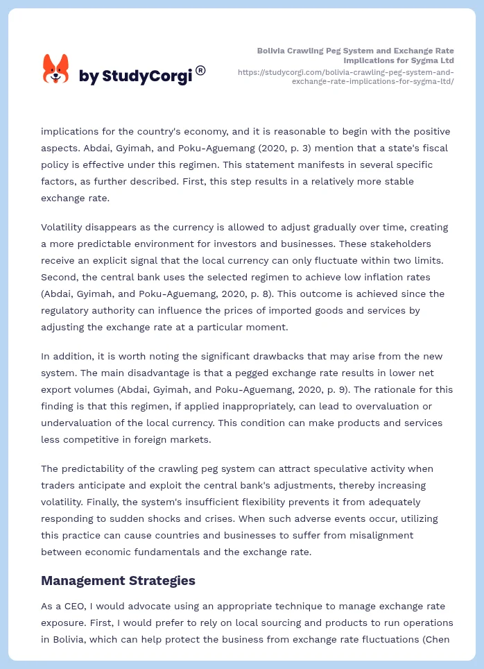 Bolivia Crawling Peg System and Exchange Rate Implications for Sygma Ltd. Page 2