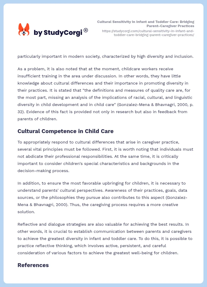 Cultural Sensitivity in Infant and Toddler Care: Bridging Parent-Caregiver Practices. Page 2