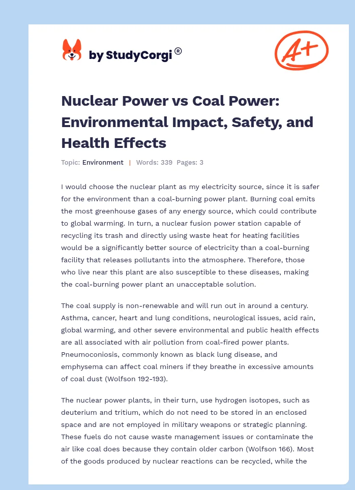 Nuclear Power vs Coal Power: Environmental Impact, Safety, and Health Effects. Page 1