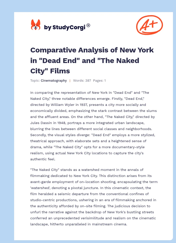 Comparative Analysis of New York in "Dead End" and "The Naked City" Films. Page 1