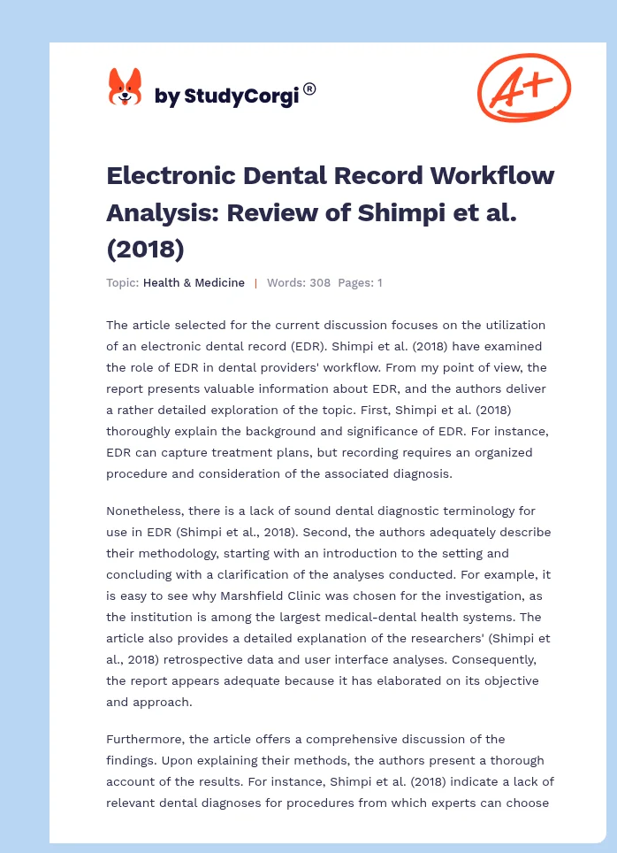 Electronic Dental Record Workflow Analysis: Review of Shimpi et al. (2018). Page 1