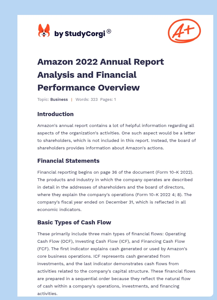 Amazon 2022 Annual Report Analysis and Financial Performance Overview. Page 1