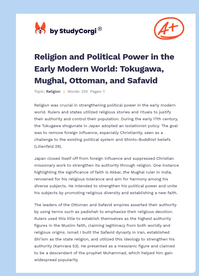 Religion and Political Power in the Early Modern World: Tokugawa, Mughal, Ottoman, and Safavid. Page 1