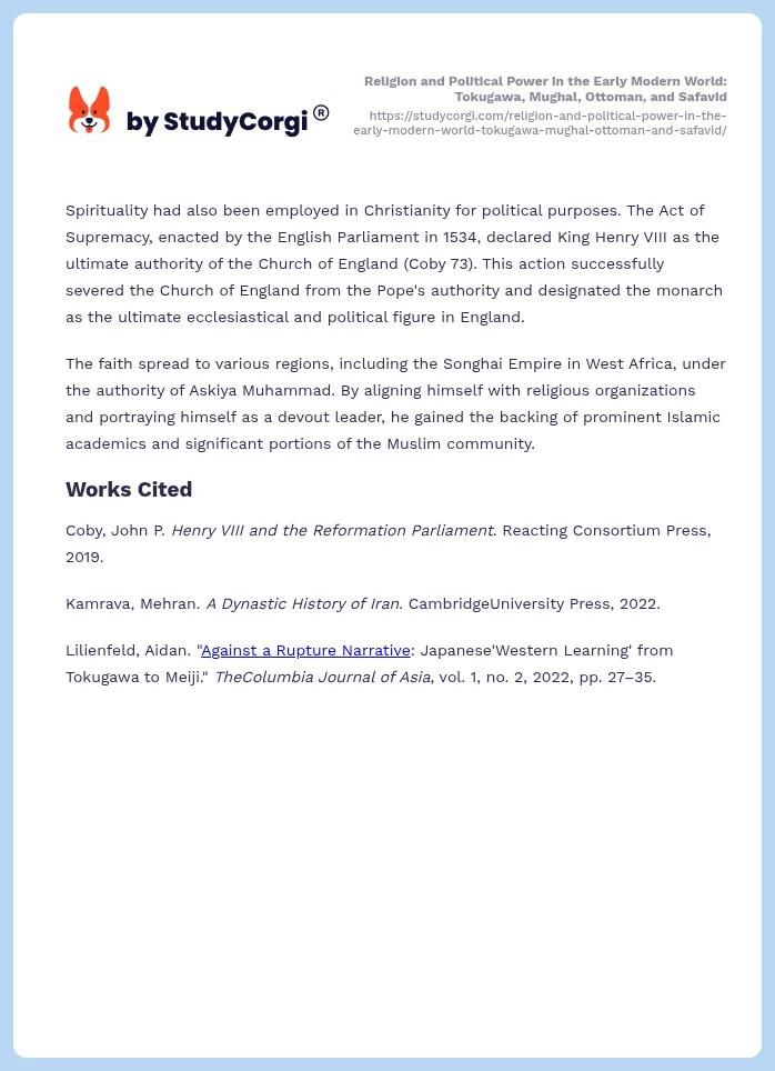 Religion and Political Power in the Early Modern World: Tokugawa, Mughal, Ottoman, and Safavid. Page 2