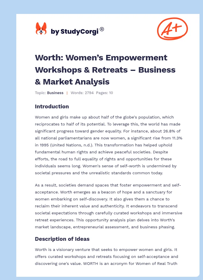 Worth: Women’s Empowerment Workshops & Retreats – Business & Market Analysis. Page 1