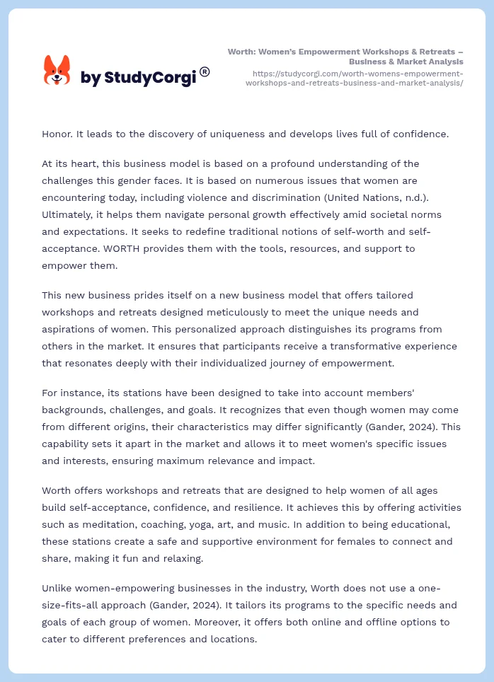 Worth: Women’s Empowerment Workshops & Retreats – Business & Market Analysis. Page 2