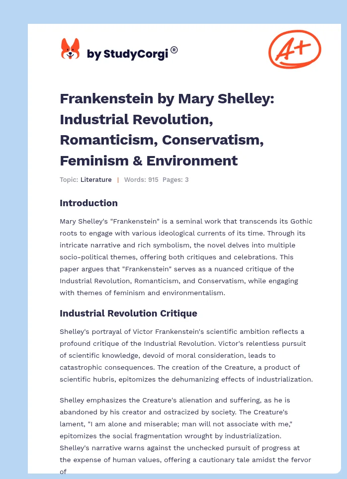 Frankenstein by Mary Shelley: Industrial Revolution, Romanticism, Conservatism, Feminism & Environment. Page 1