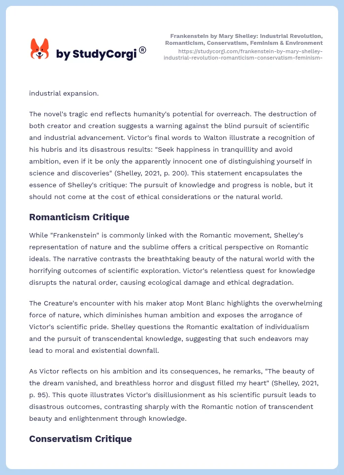 Frankenstein by Mary Shelley: Industrial Revolution, Romanticism, Conservatism, Feminism & Environment. Page 2