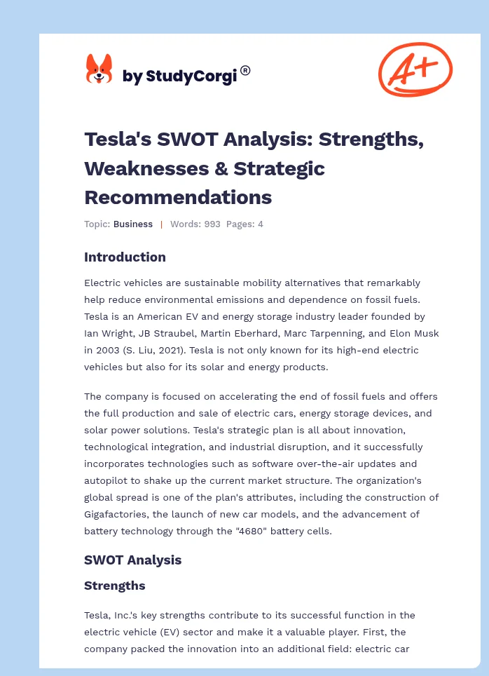 Tesla's SWOT Analysis: Strengths, Weaknesses & Strategic Recommendations. Page 1