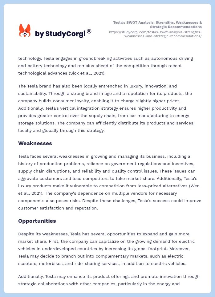 Tesla's SWOT Analysis: Strengths, Weaknesses & Strategic Recommendations. Page 2