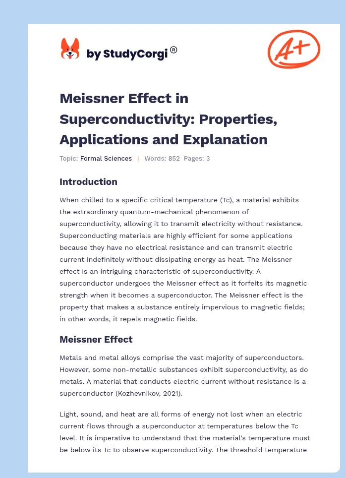 Meissner Effect in Superconductivity: Properties, Applications and Explanation. Page 1
