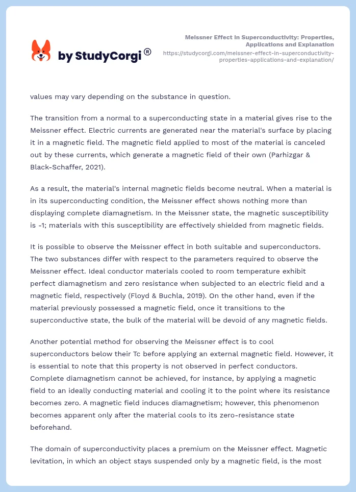 Meissner Effect in Superconductivity: Properties, Applications and Explanation. Page 2