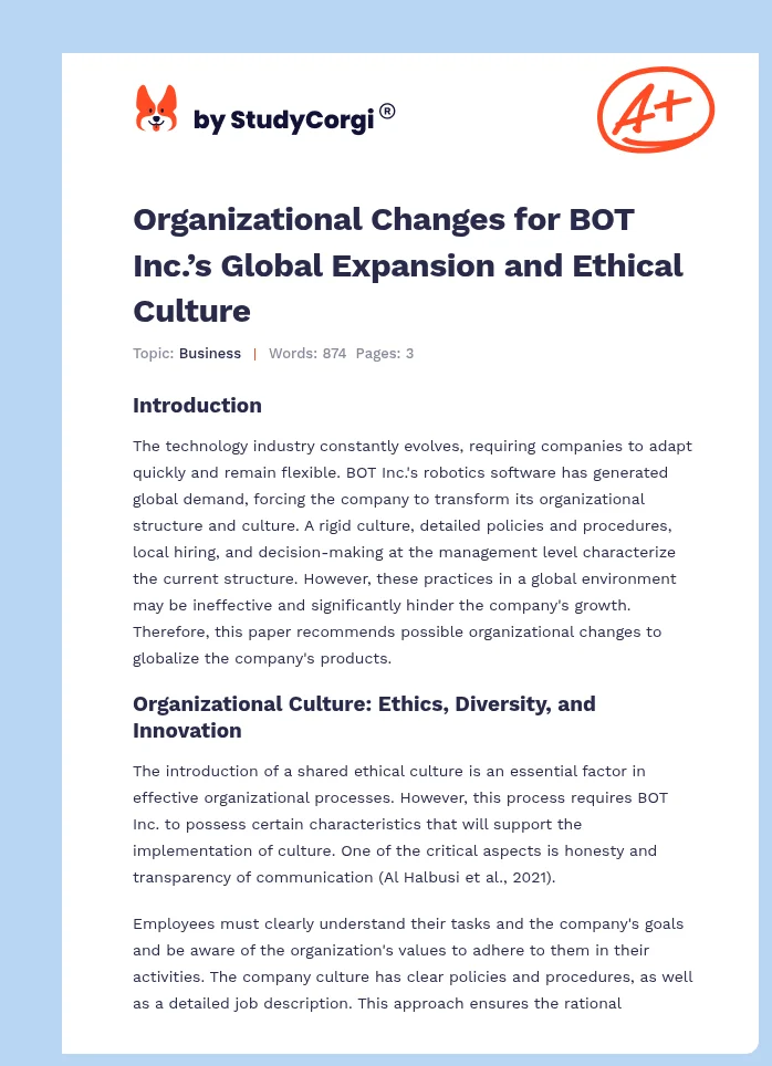 Organizational Changes for BOT Inc.’s Global Expansion and Ethical Culture. Page 1