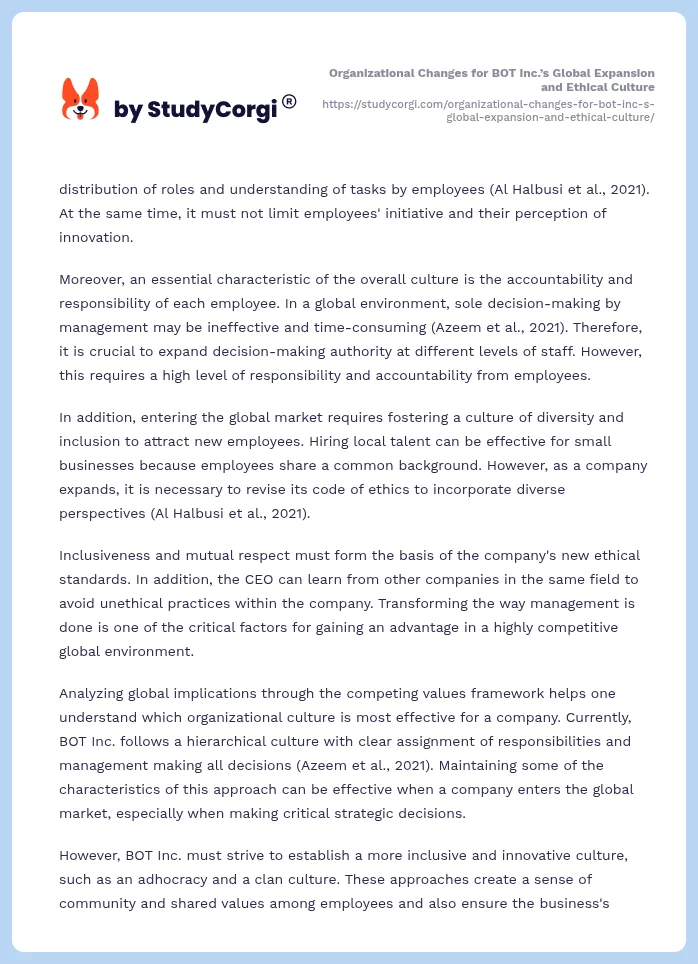 Organizational Changes for BOT Inc.’s Global Expansion and Ethical Culture. Page 2