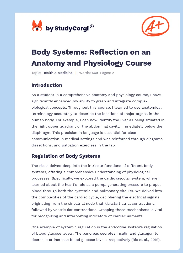 Body Systems: Reflection on an Anatomy and Physiology Course. Page 1