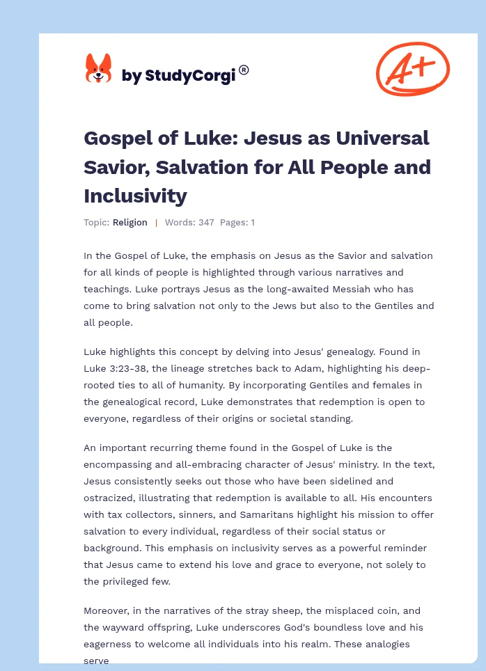 Gospel of Luke: Jesus as Universal Savior, Salvation for All People and Inclusivity. Page 1