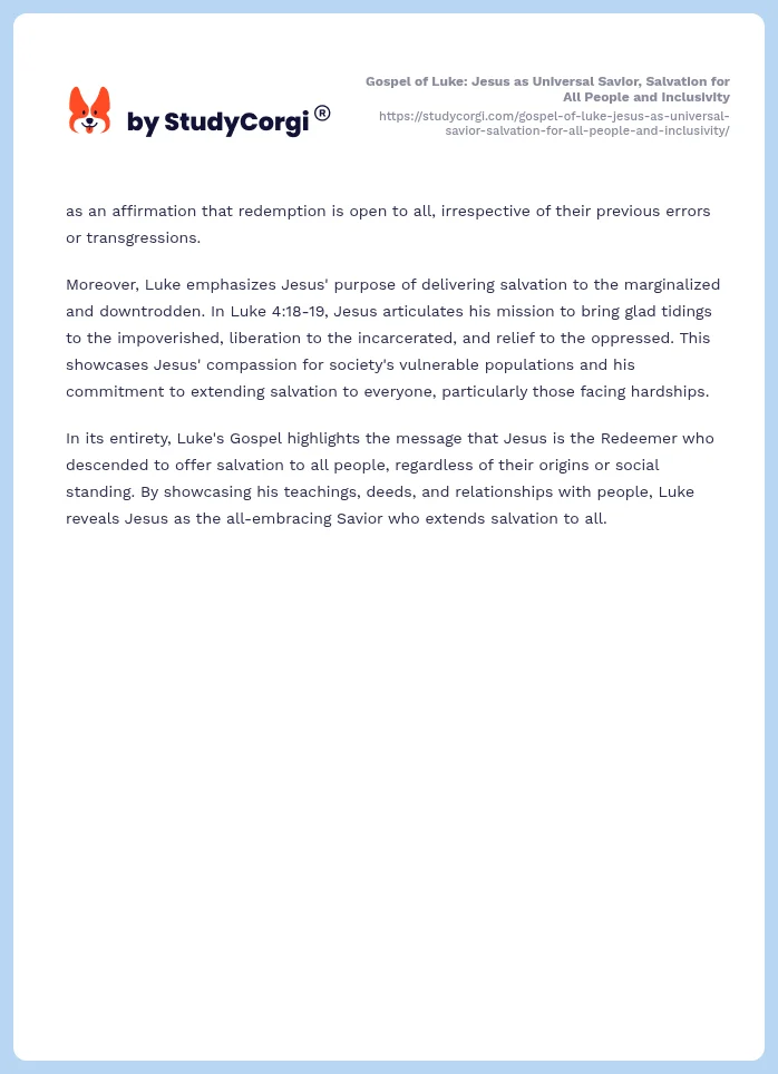 Gospel of Luke: Jesus as Universal Savior, Salvation for All People and Inclusivity. Page 2