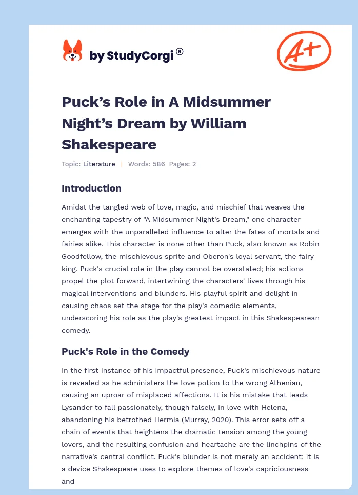 Puck’s Role in A Midsummer Night’s Dream by William Shakespeare. Page 1