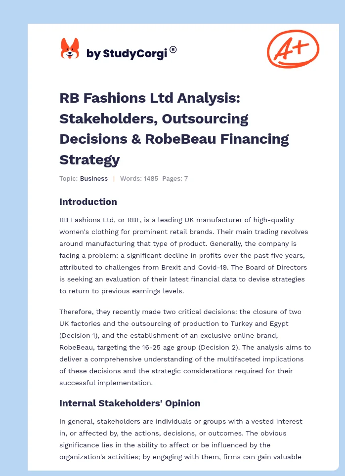 RB Fashions Ltd Analysis: Stakeholders, Outsourcing Decisions & RobeBeau Financing Strategy. Page 1
