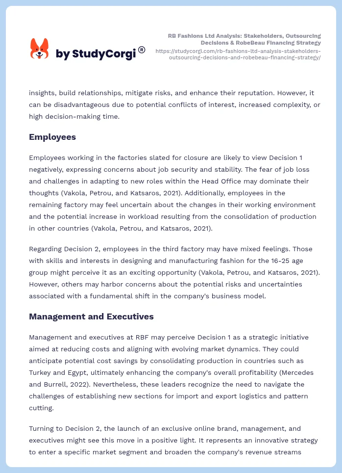 RB Fashions Ltd Analysis: Stakeholders, Outsourcing Decisions & RobeBeau Financing Strategy. Page 2