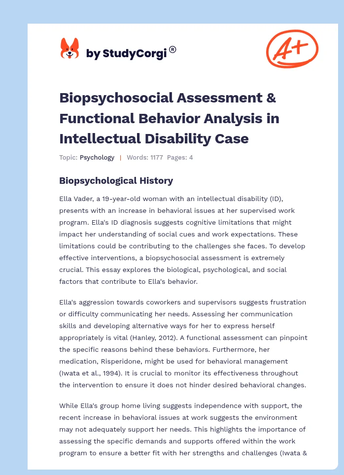 Biopsychosocial Assessment & Functional Behavior Analysis in Intellectual Disability Case. Page 1